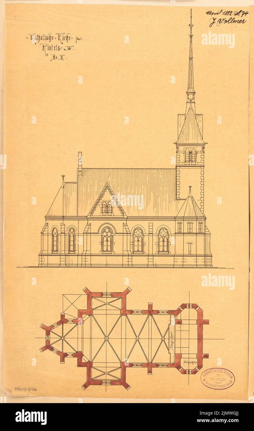 Vollmer Johannes (1845-1920), Catholic Church of St. Sturmius in Rinteln. Monthly competition April 1882 (04.1882): floor plan in vault, northern view. Tusche watercolor on transparent, 44.1 x 27.9 cm (including scan edges) Vollmer Johannes  (1845-1920): Katholische Kirche St. Sturmius, Rinteln. Monatskonkurrenz April 1882 Stock Photo