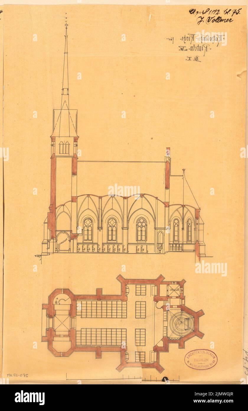 Vollmer Johannes (1845-1920), Catholic Church of St. Sturmius in Rinteln. Monthly competition April 1882 (04.1882): Passed up: floor plan ground floor, longitudinal section; Scale bar. Tusche watercolor on transparent, 44.1 x 28.5 cm (including scan edges) Vollmer Johannes  (1845-1920): Katholische Kirche St. Sturmius, Rinteln. Monatskonkurrenz April 1882 Stock Photo