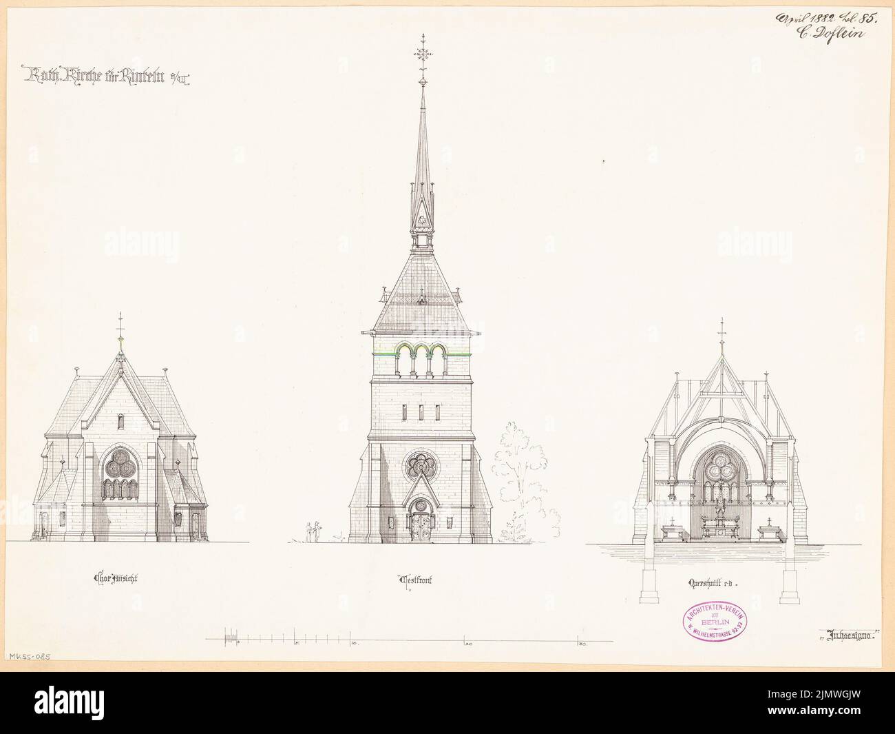 Doflein Karl (1856-1943), Catholic Church of St. Sturmius in Rinteln. Monthly competition April 1882 (04.1882): Upper West view (tower view), choir view, cross -section towards altar (with pulpit and secondary altar); Scale bar. Ink on paper, 39.8 x 53 cm (including scan edges) Doflein Karl  (1856-1943): Katholische Kirche St. Sturmius, Rinteln. Monatskonkurrenz April 1882 Stock Photo