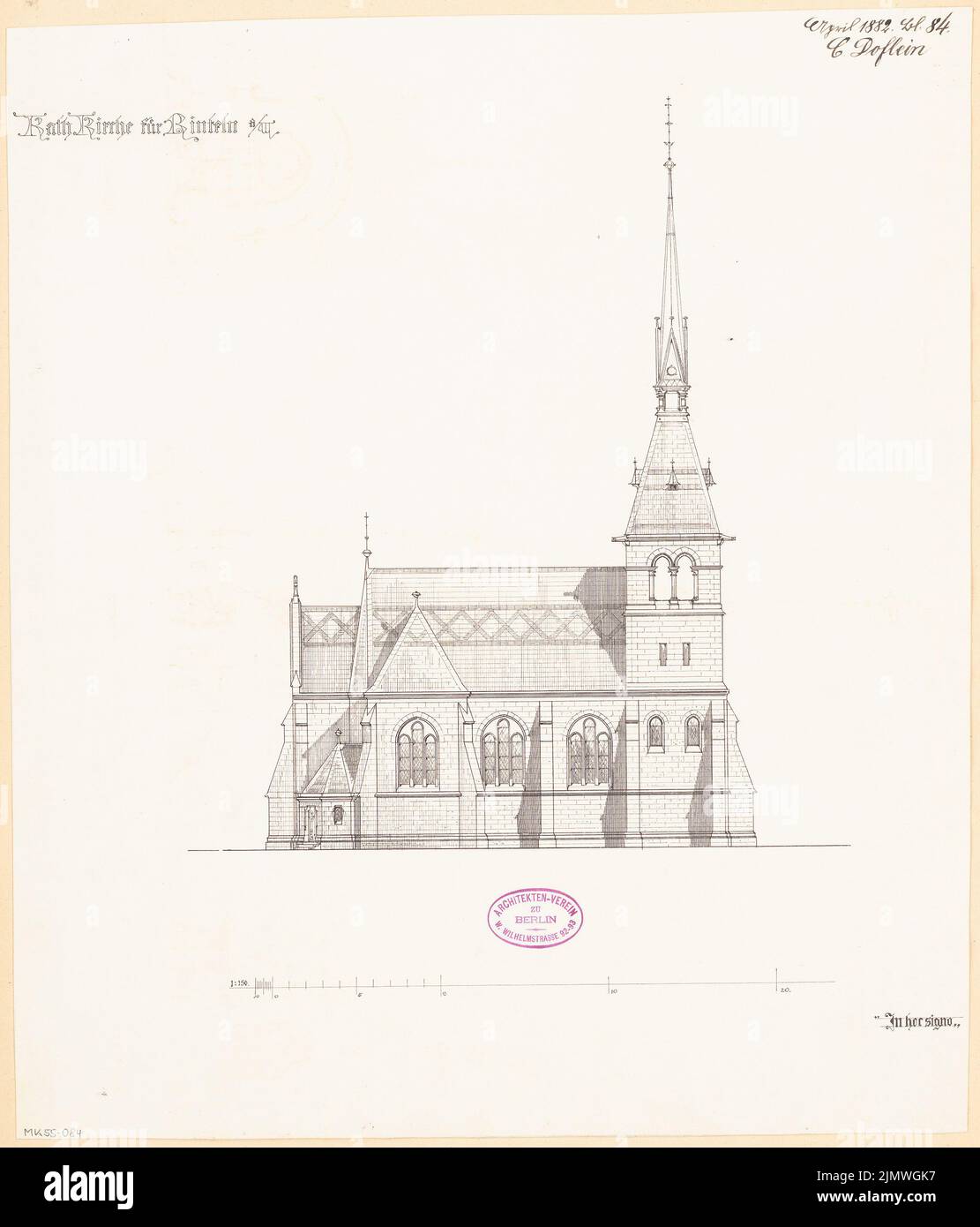 Doflein Karl (1856-1943), Catholic Church of St. Sturmius in Rinteln. Monthly competition April 1882 (04.1882): Northern view upright; Scale bar. Ink on paper, 46.1 x 39.4 cm (including scan edges) Doflein Karl  (1856-1943): Katholische Kirche St. Sturmius, Rinteln. Monatskonkurrenz April 1882 Stock Photo