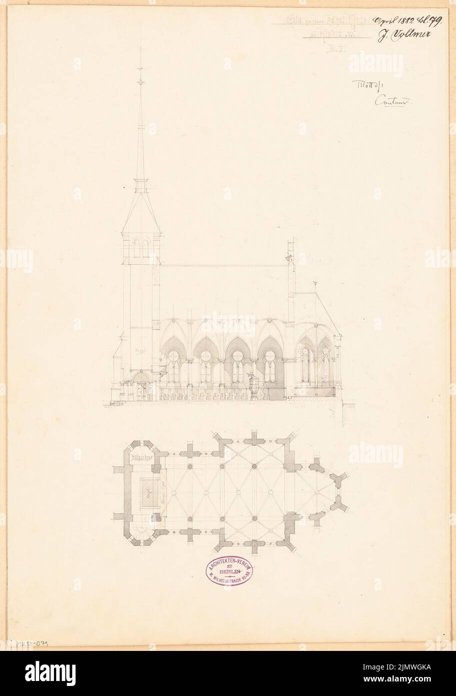 Vollmer Johannes (1845-1920), Catholic Church of St. Sturmius in Rinteln. Monthly competition April 1882 (04.1882): floor plan in a vault, longitudinal section. Pencil watercolored on paper, 52.6 x 36.9 cm (including scan edges) Vollmer Johannes  (1845-1920): Katholische Kirche St. Sturmius, Rinteln. Monatskonkurrenz April 1882 Stock Photo