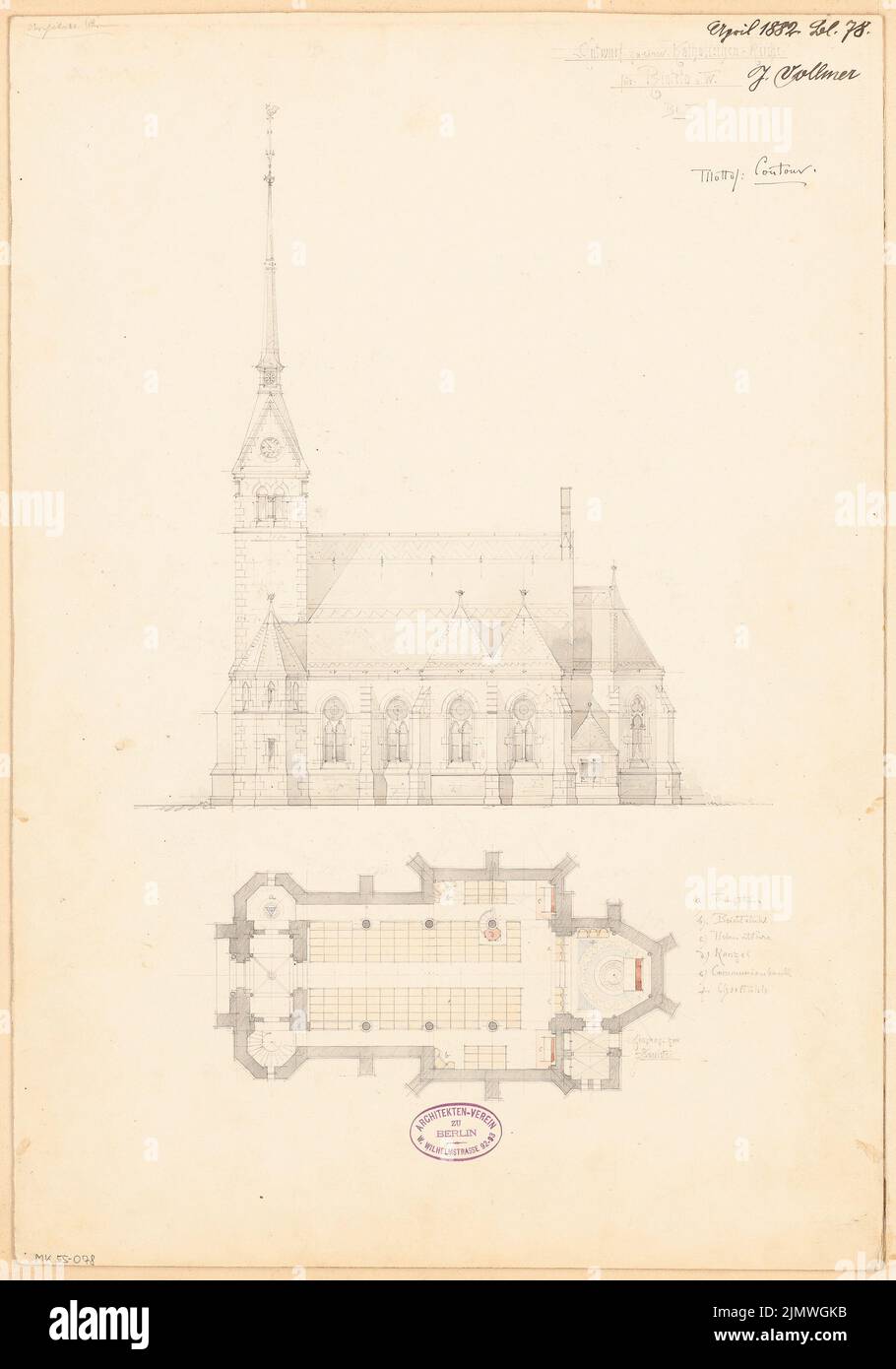 Vollmer Johannes (1845-1920), Catholic Church of St. Sturmius in Rinteln. Monthly competition April 1882 (04.1882): floor plan ground floor, torture south view. Pencil watercolored on paper, 52.8 x 37 cm (including scan edges) Vollmer Johannes  (1845-1920): Katholische Kirche St. Sturmius, Rinteln. Monatskonkurrenz April 1882 Stock Photo