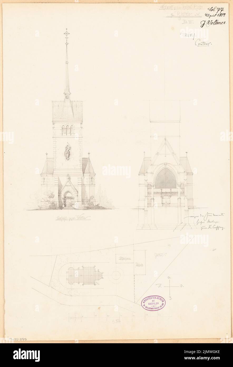 Vollmer Johannes (1845-1920), Catholic Church of St. Sturmius in Rinteln. Monthly competition April 1882 (04.1882): site plan 1,500; Upper view of the west (tower intake), cross -section; Scale bar. Pencil watercolored on paper, 54.1 x 36.8 cm (including scan edges) Vollmer Johannes  (1845-1920): Katholische Kirche St. Sturmius, Rinteln. Monatskonkurrenz April 1882 Stock Photo