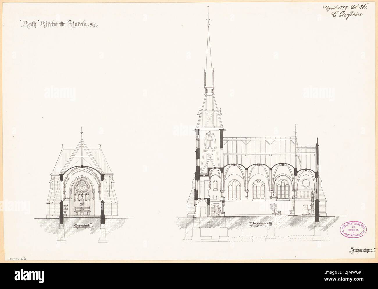 Doflein Karl (1856-1943), Catholic Church of St. Sturmius in Rinteln. Monthly competition April 1882 (04.1882): Perspective view. Ink on paper, 37.4 x 53.7 cm (including scan edges) Doflein Karl  (1856-1943): Katholische Kirche St. Sturmius, Rinteln. Monatskonkurrenz April 1882 Stock Photo
