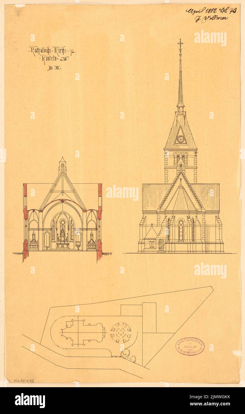 Vollmer Johannes (1845-1920), Catholic Church of St. Sturmius in Rinteln. Monthly competition April 1882 (04.1882): site plan, choral intent, cross section towards altar. Tusche watercolor on transparent, 50.8 x 32.1 cm (including scan edges) Vollmer Johannes  (1845-1920): Katholische Kirche St. Sturmius, Rinteln. Monatskonkurrenz April 1882 Stock Photo