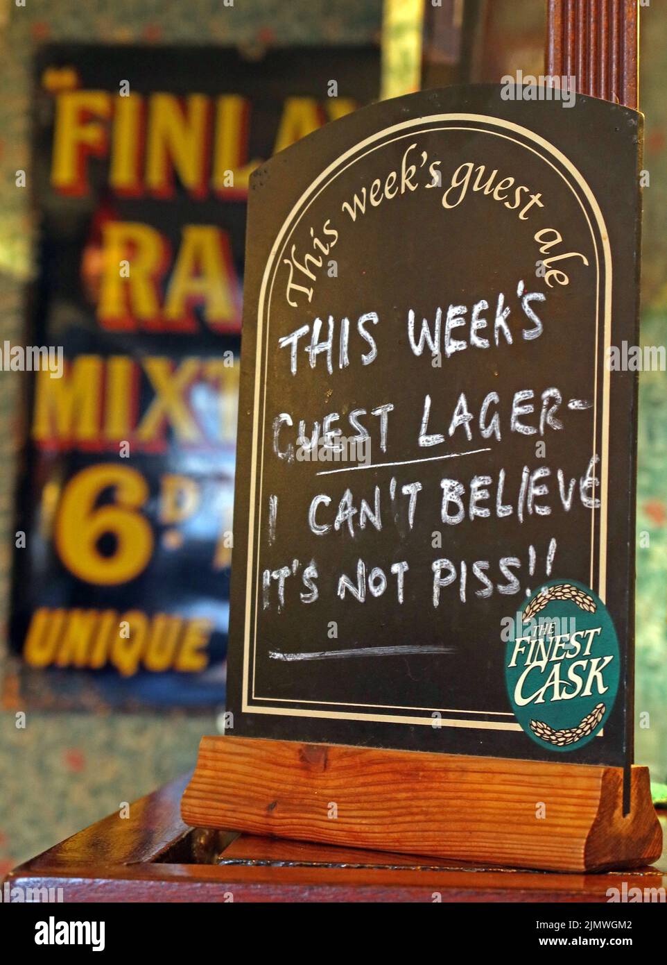 Sign on the bar at The Albion, Park Road, Chester, Cheshire, England, UK - This weeks guest lager, I cant believe its not piss Stock Photo