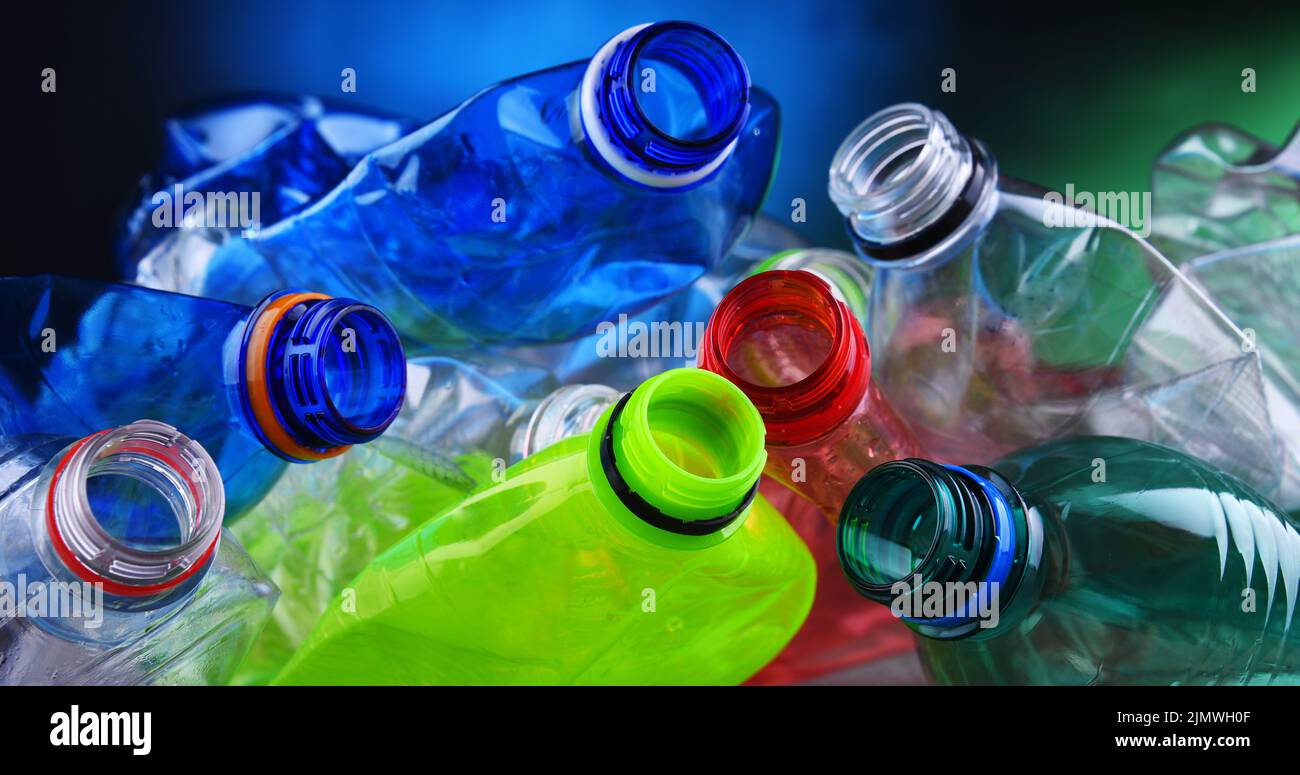 Empty colored carbonated drink bottles. Plastic waste Stock Photo