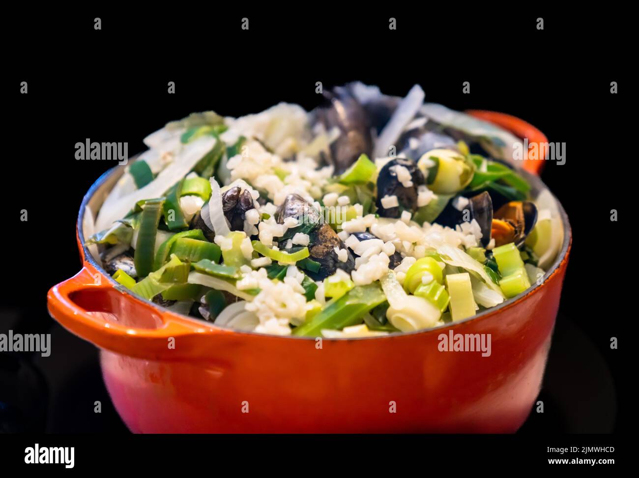 Traditional steamed mussel and french fries dish called Moules et Frites selective focus with