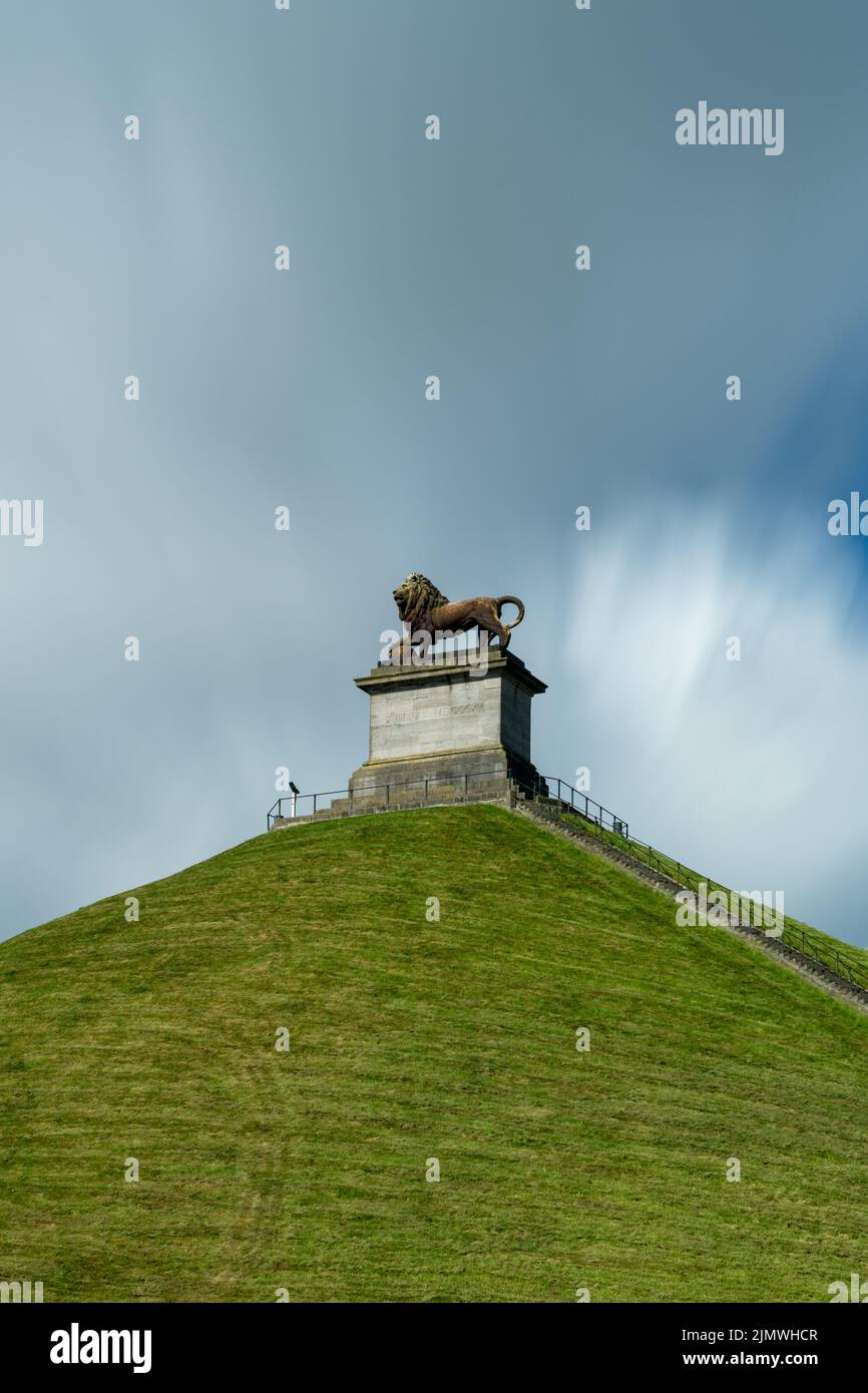 Vertical view of the Lion's Mound memorial statue and hill in Waterloo