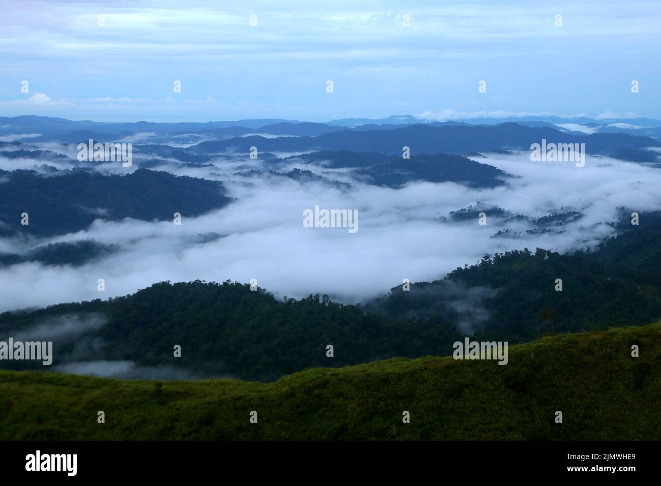 landscape photo, misty mountain hills in the morning Stock Photo