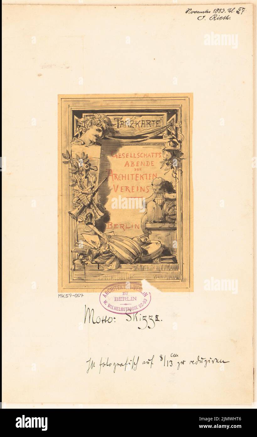 Rieth Otto (1858-1911), dance card for the social evenings of the architect association in Berlin. Monthly competition November 1883 (11.1883): View front (see MK 57-062: printed). Tusche watercolor on transparent, 30.3 x 19.1 cm (including scan edges) Rieth Otto  (1858-1911): Tanzkarte für die Gesellschaftsabende des Architekten-Vereins zu Berlin. Monatskonkurrenz November 1883 Stock Photo