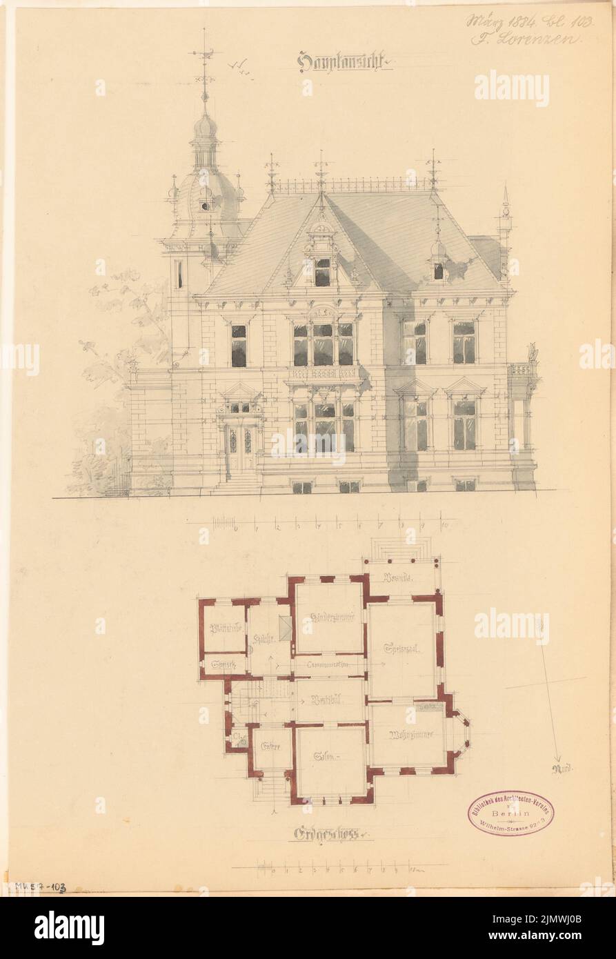 Lorenzen Fernando (1854-1917), villa for M. Katzenstein in Bielefeld. Monthly competition March 1884 (03.1884): floor plan ground floor, tort view view from Obernstraße; 2 scale strips. Pencil watercolor on the box, 43.2 x 29.7 cm (including scan edges) Lorenzen Fernando  (1854-1917): Villa für M. Katzenstein, Bielefeld. Monatskonkurrenz März 1884 Stock Photo