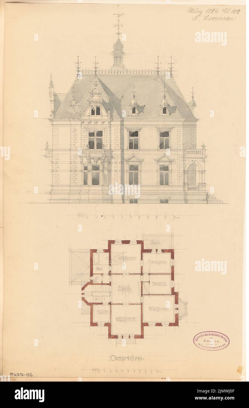 Lorenzen Fernando (1854-1917), villa for M. Katzenstein in Bielefeld. Monthly competition March 1884 (03.1884): floor plan upper floor, tort view view from the west; 2 scale strips. Pencil watercolor on the box, 43.3 x 28.3 cm (including scan edges) Lorenzen Fernando  (1854-1917): Villa für M. Katzenstein, Bielefeld. Monatskonkurrenz März 1884 Stock Photo