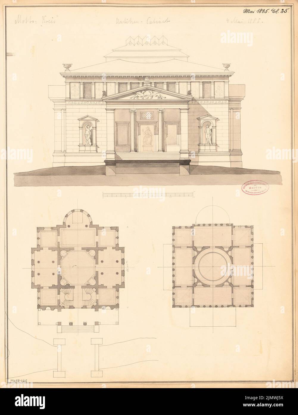 Unknown architect, private museum ('antiquities'). Monthly competition May 1885 (05.1885): floor plan ground floor. Upper floor. Riss front view; 2 scale strips. Ink and pencil watercolored on paper, 57.8 x 44.5 cm (including scan edges) N.N. : Privatmuseum (»Antikenkabinett«). Monatskonkurrenz Mai 1885 Stock Photo
