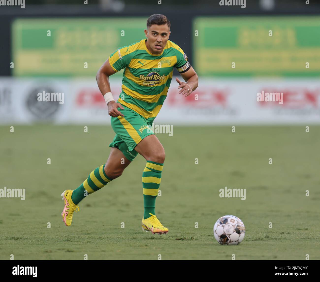St. Petersburg, FL: Tampa Bay Rowdies defender Aaron Guillen (33) dribbles the ball up the pitch during a USL soccer game against Detroit City, Saturd Stock Photo