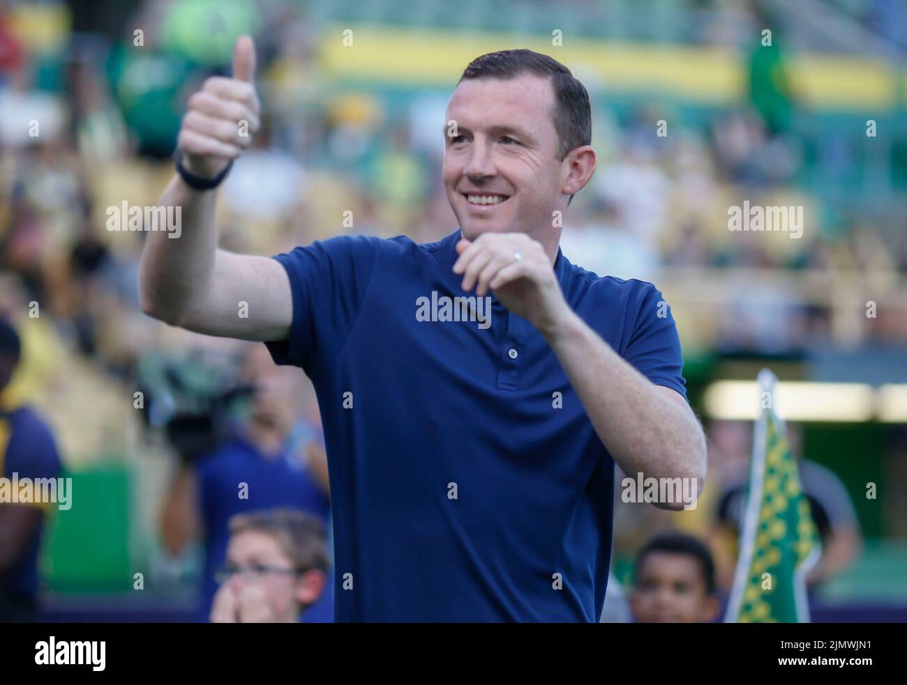 St. Petersburg, FL: Tampa Bay Rowdies head coach Neill /Collins gives a thumbs up to the fans prior to a USL soccer game against Detroit, Saturday, Au Stock Photo