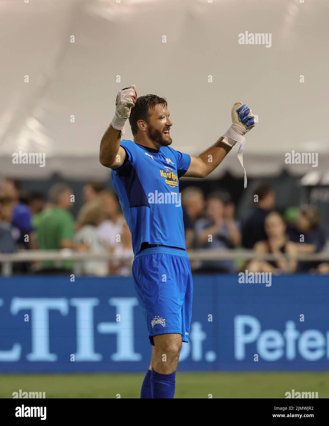 St. Petersburg, FL: Tampa Bay Rowdies goalkeeper C.J. Cochran (1) celebrates the win and shutout after a USL soccer game against Detroit City, Saturda Stock Photo