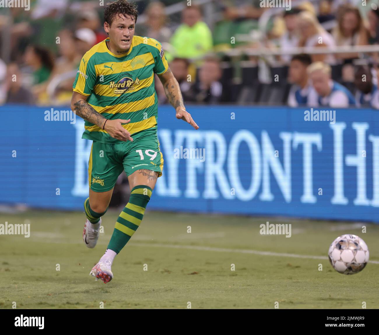 St. Petersburg, FL: Tampa Bay Rowdies forward Jake LaCava (19) on a break away up the pitch during a USL soccer game against Detroit City, Saturday, A Stock Photo
