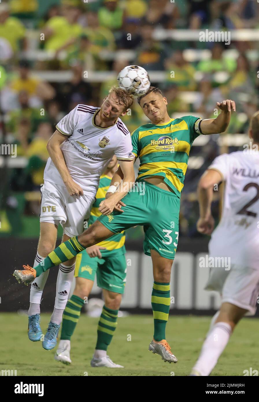 St. Petersburg, FL: Detroit City forward Connor Rutz (11) and Tampa Bay Rowdies defender Aaron Guillen (33) go up for a header during a USL soccer gam Stock Photo