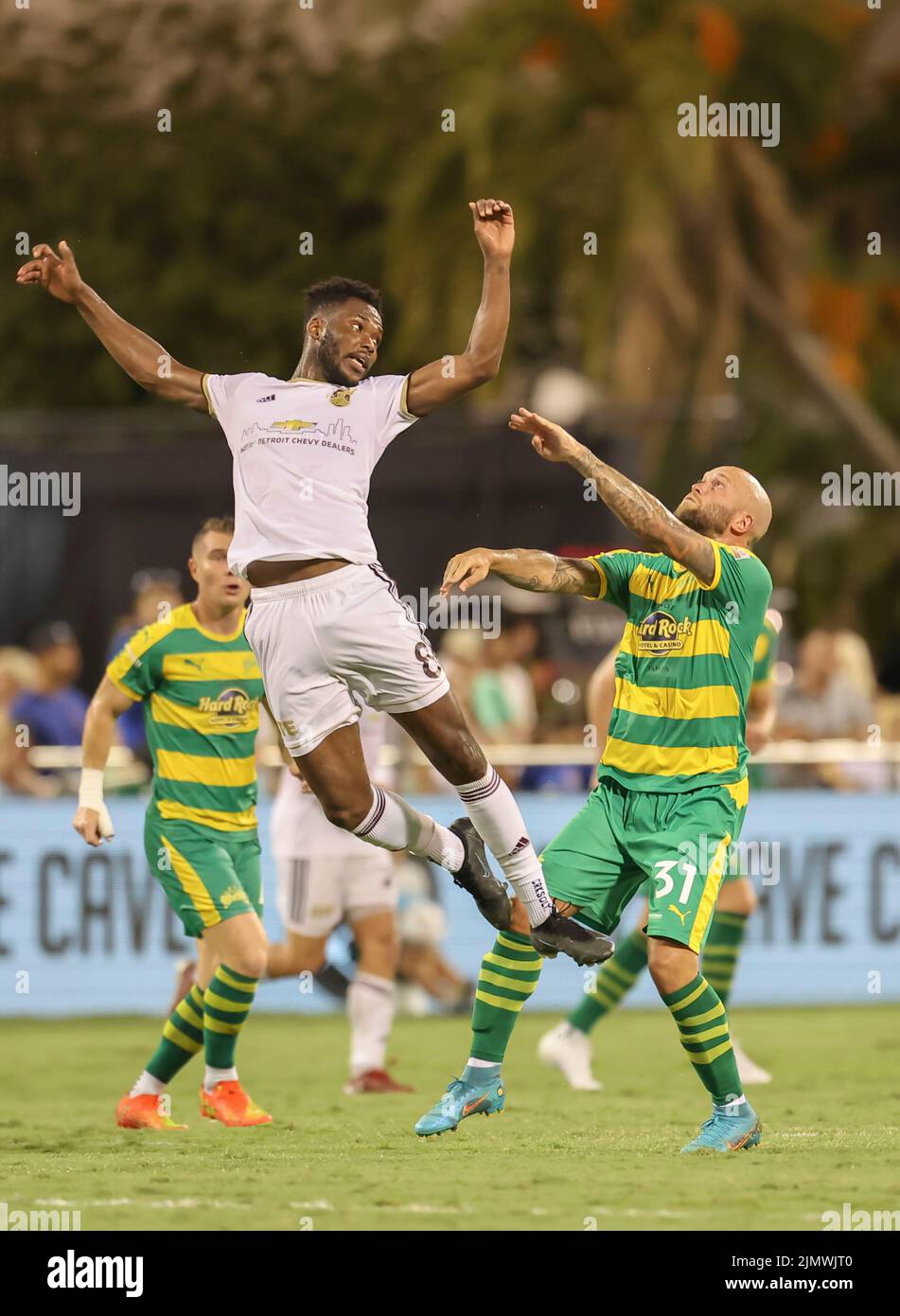 St. Petersburg, FL: Detroit midfielder Abdoulaye Diop (8) and Tampa Bay Rowdies midfielder Nicky Law (31) prepare to head the ball again during a USL Stock Photo