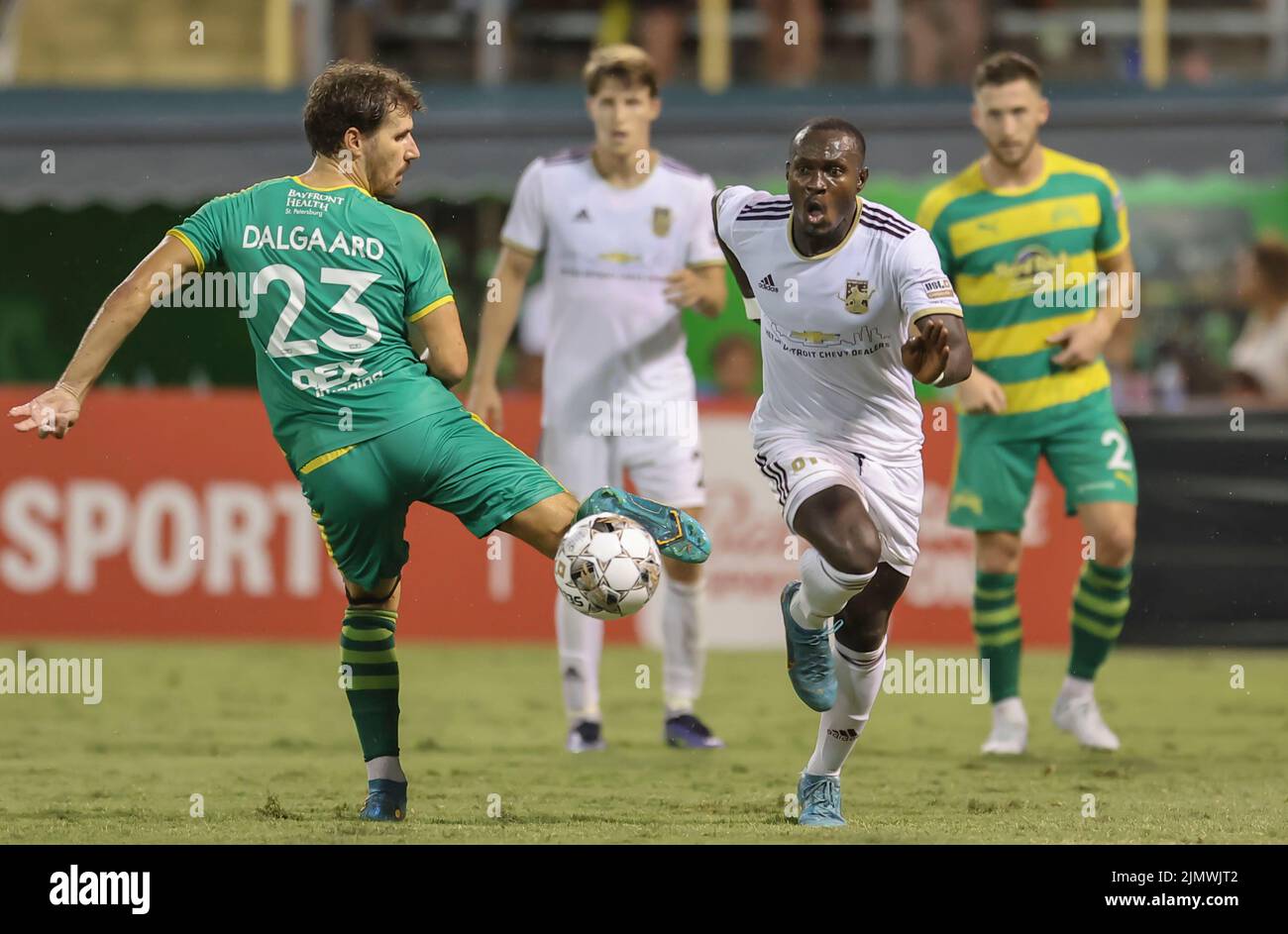 St. Petersburg, FL: Tampa Bay Rowdies midfielder Sebastian Dalgaard (23) performs a trick play with the ball to the surprise of Detroit City forward B Stock Photo