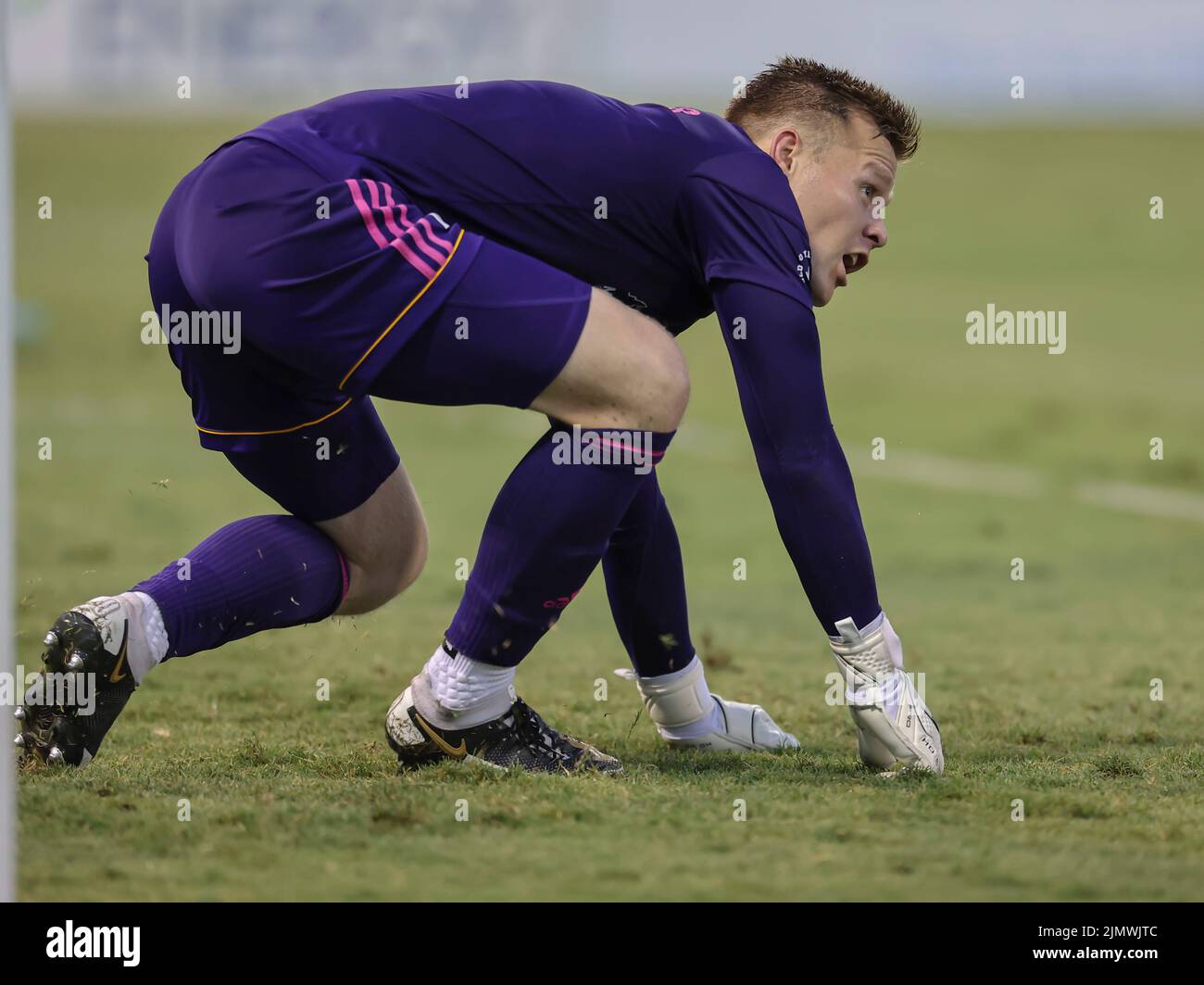 St. Petersburg, FL: Detroit City goalkeeper Nate Steinwascher (1) makes a save during a USL soccer game against the Tampa Bay Rowdies, Saturday, Augus Stock Photo