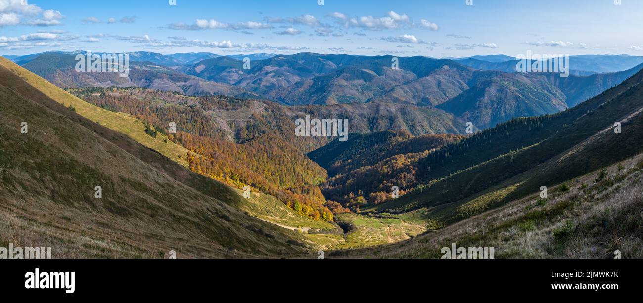 Autumn morning Carpathian Mountains calm picturesque scene, Ukraine. Stock Photo
