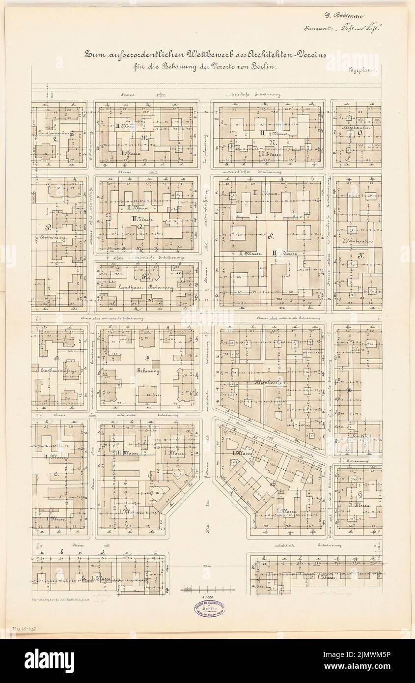 Rathenau Georg (born 1866), development of the suburbs of Berlin. Monthly competition December 1893 (12,1893): site plan; Scale bar. Tusche watercolor over pressure on the box, 80.6 x 52.4 cm (including scan edges) Rathenau Georg  (geb. 1866): Bebauung der Vororte von Berlin. Monatskonkurrenz Dezember 1893 Stock Photo