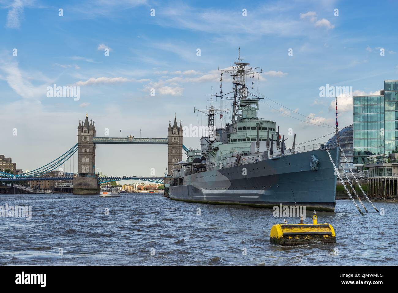 View of Tower Bridge and HMS Belfast from the River Thames Stock Photo