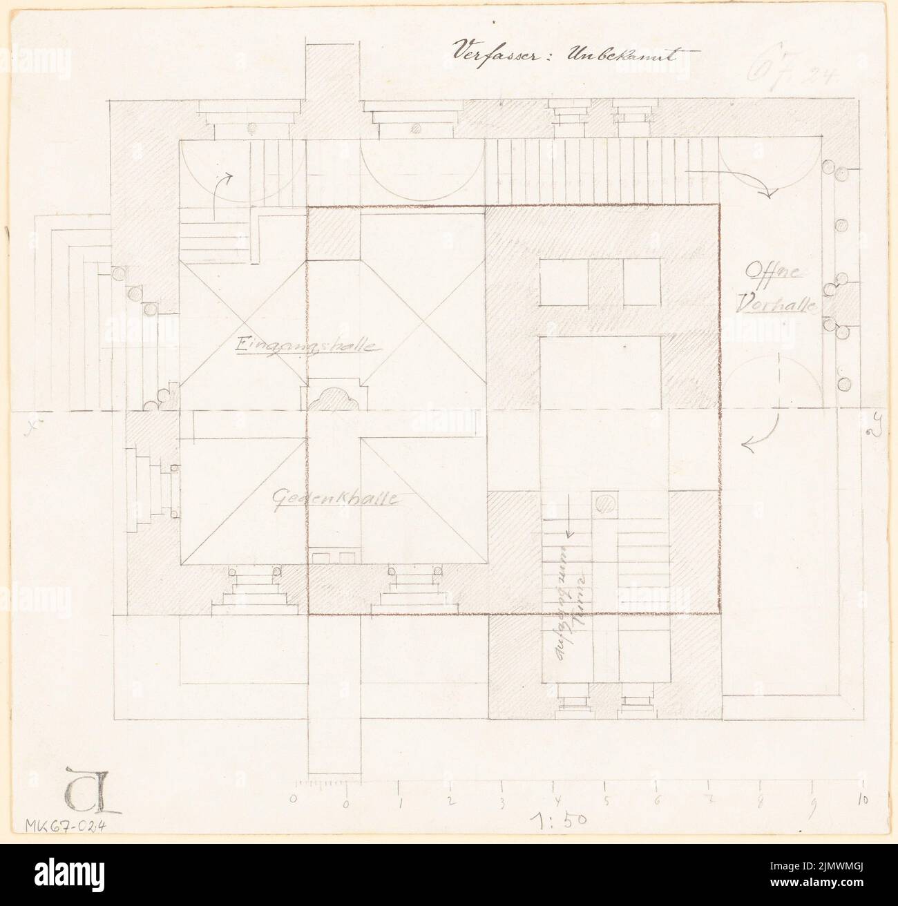 Unknown architect, lookout tower with a memorial hall. Monthly competition November 1897 (11.1897): floor plan on two levels 1:50; Scale bar. Pencil on cardboard, supplemented with colored pencil, 32.6 x 34.7 cm (including scan edges) N.N. : Aussichtsturm mit Gedenkhalle. Monatskonkurrenz November 1897 Stock Photo
