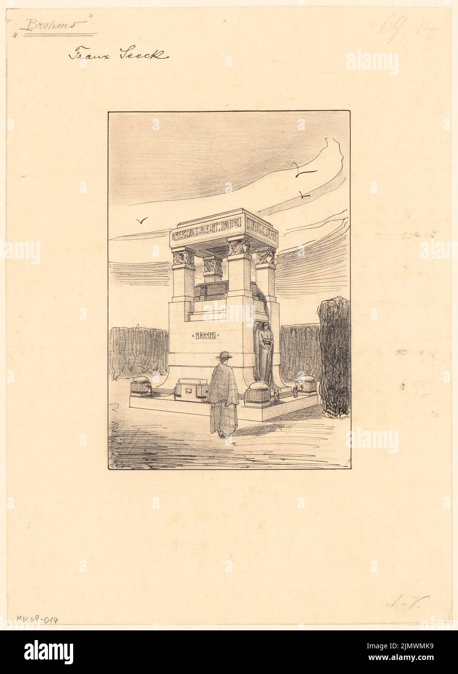 Seeck Franz (1874-1944), grave for an artist. Monthly competition February 1901 (02.1901): floor plan 1:50, torture front view, side view 1:20; 2 scale strips, explanatory text. Tusche watercolor on the box, 45.7 x 33.3 cm (including scan edges) Seeck Franz  (1874-1944): Grab für einen Künstler. Monatskonkurrenz Februar 1901 Stock Photo