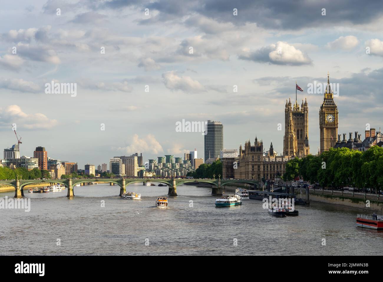 View up the River Thames towards Big Ben and the Houses of Parliament Stock Photo