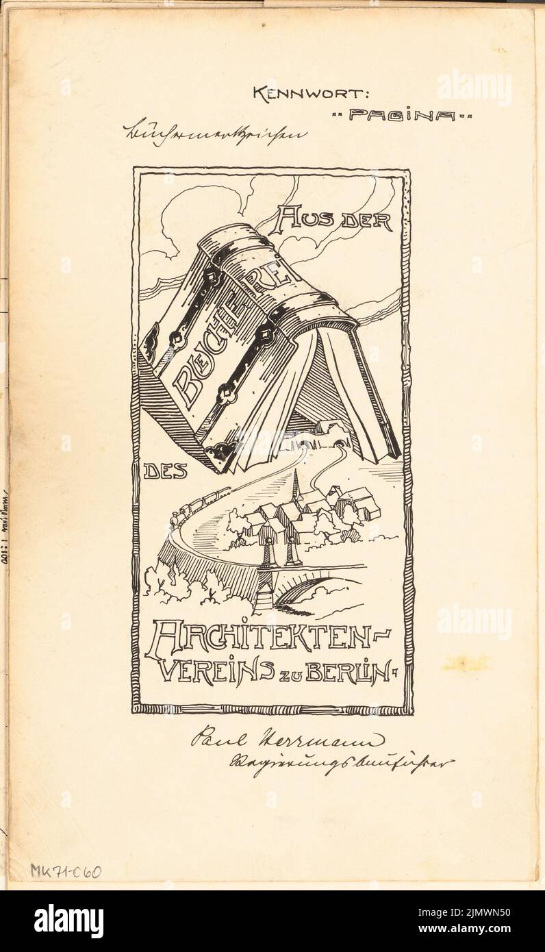 Hermann Hans-Paul (born 1882), bookmark for the library of the Architect Association in Berlin. Monthly competition November 1906 (11.1906): View. Ink on cardboard, 33.5 x 20.6 cm (including scan edges) Hermann Hans-Paul  (geb. 1882): Büchermerkzeichen für die Bibliothek des Architekten-Vereins zu Berlin. Monatskonkurrenz November 1906 Stock Photo