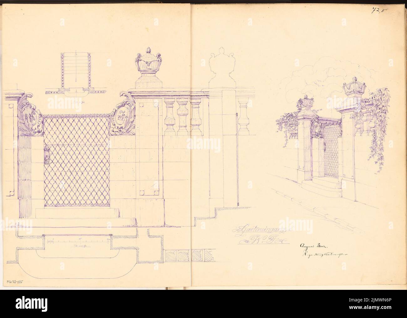 Bode August (born 1874), garden entrance in feed wall. Monthly competition November 1907 (11.1907): floor plan, outline front view 1:10; perspective view; Scale bar. Ink on cardboard, 52.4 x 73.5 cm (including scan edges) Bode August  (geb. 1874): Garteneingang in Futtermauer. Monatskonkurrenz November 1907 Stock Photo