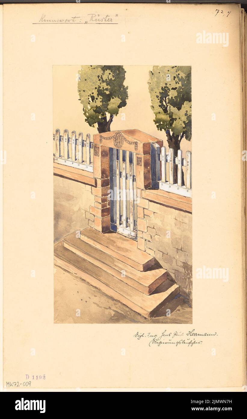 Hermann Hans-Paul (born 1882), garden entrance in feed wall. Monthly competition November 1907 (11.1907): Perspective view. Tusche watercolor on paper, 48.8 x 30.9 cm (including scan edges) Hermann Hans-Paul  (geb. 1882): Garteneingang in Futtermauer. Monatskonkurrenz November 1907 Stock Photo