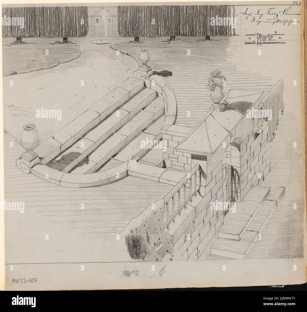 Hermann Fritz (1879-1914), garden entrance in feed wall. Monthly competition November 1907 (11.1907): Perspective view. Pencil on cardboard, 37.9 x 40.1 cm (including scan edges) Hermann Fritz  (1879-1914): Garteneingang in Futtermauer. Monatskonkurrenz November 1907 Stock Photo