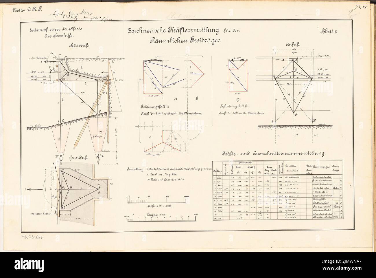 Müller Georg (born 1880), land festivals for sea ships. Monthly competition February 1908 (02.1908): floor plan, cross -section 1: 100, design diagrams, table; 2 scale strips. Tusche watercolor on the box, 40.5 x 60.5 cm (including scan edges) Müller Georg  (geb. 1880): Landfeste für Seeschiffe. Monatskonkurrenz Februar 1908 Stock Photo