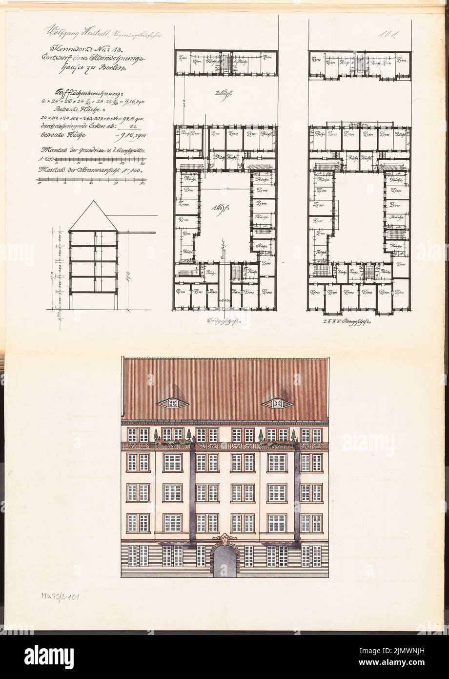 Hentzelt Wolfgang (1888-1916), small apartment house. Monthly competition November 1912 (11.1912): floor plan ground floor, (1st to 4th) upper floor, cross section 1: 200; Riß street view 1: 100; 2 scale strips, calculation. Tusche watercolor on the box, 73.1 x 51.8 cm (including scan edges) Hentzelt Wolfgang  (1888-1916): Kleinwohnungshaus. Monatskonkurrenz November 1912 Stock Photo