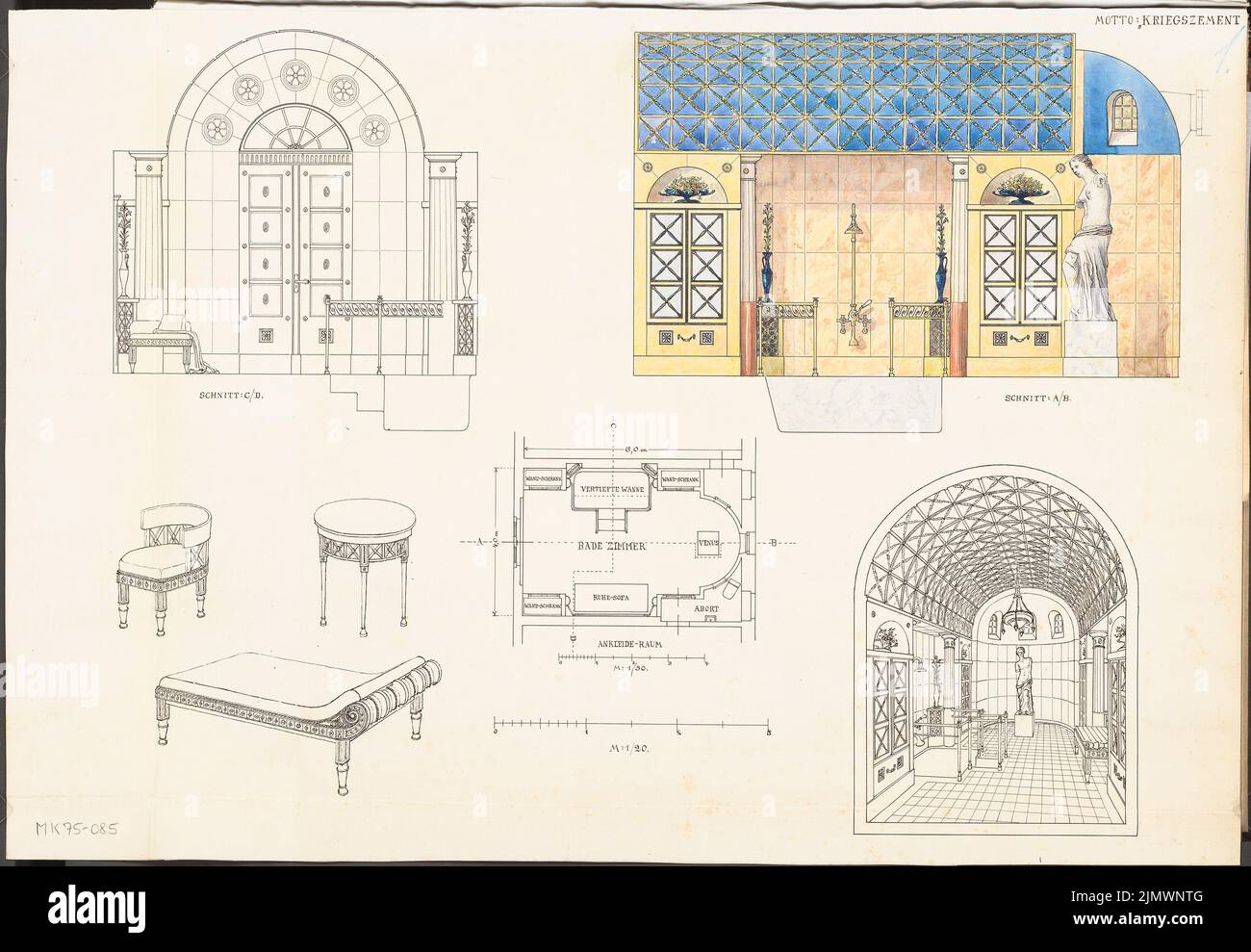 Otto Kurt, bathroom. Monthly competition December 1914 (12.1914): floor plan 1:50; Longitudinal section, cross -section 1:20; perspective view; Details: chair, couch, table; 2 scale strips. Tusche watercolor on the box, 46.7 x 67.5 cm (including scan edges) Otto Kurt : Baderaum. Monatskonkurrenz Dezember 1914 Stock Photo