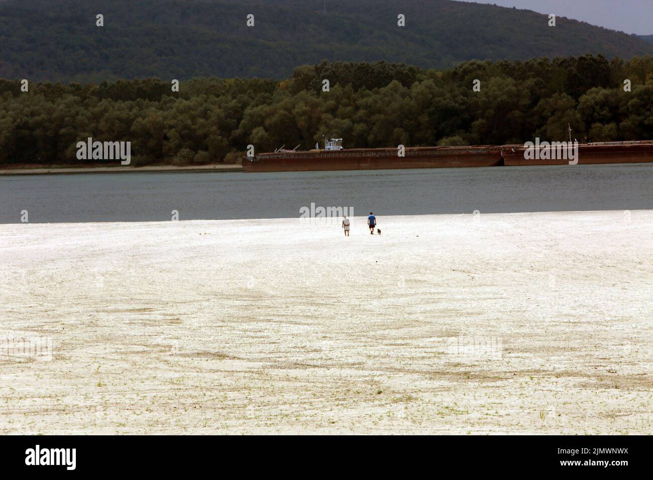 Bucharest, Romania. 7th Aug, 2022. People walk on the dry bed of Danube River in Teleorman County, Romania, Aug. 7, 2022. Romania is facing severe drought this summer. Credit: Gabriel Petrescu/Xinhua/Alamy Live News Stock Photo