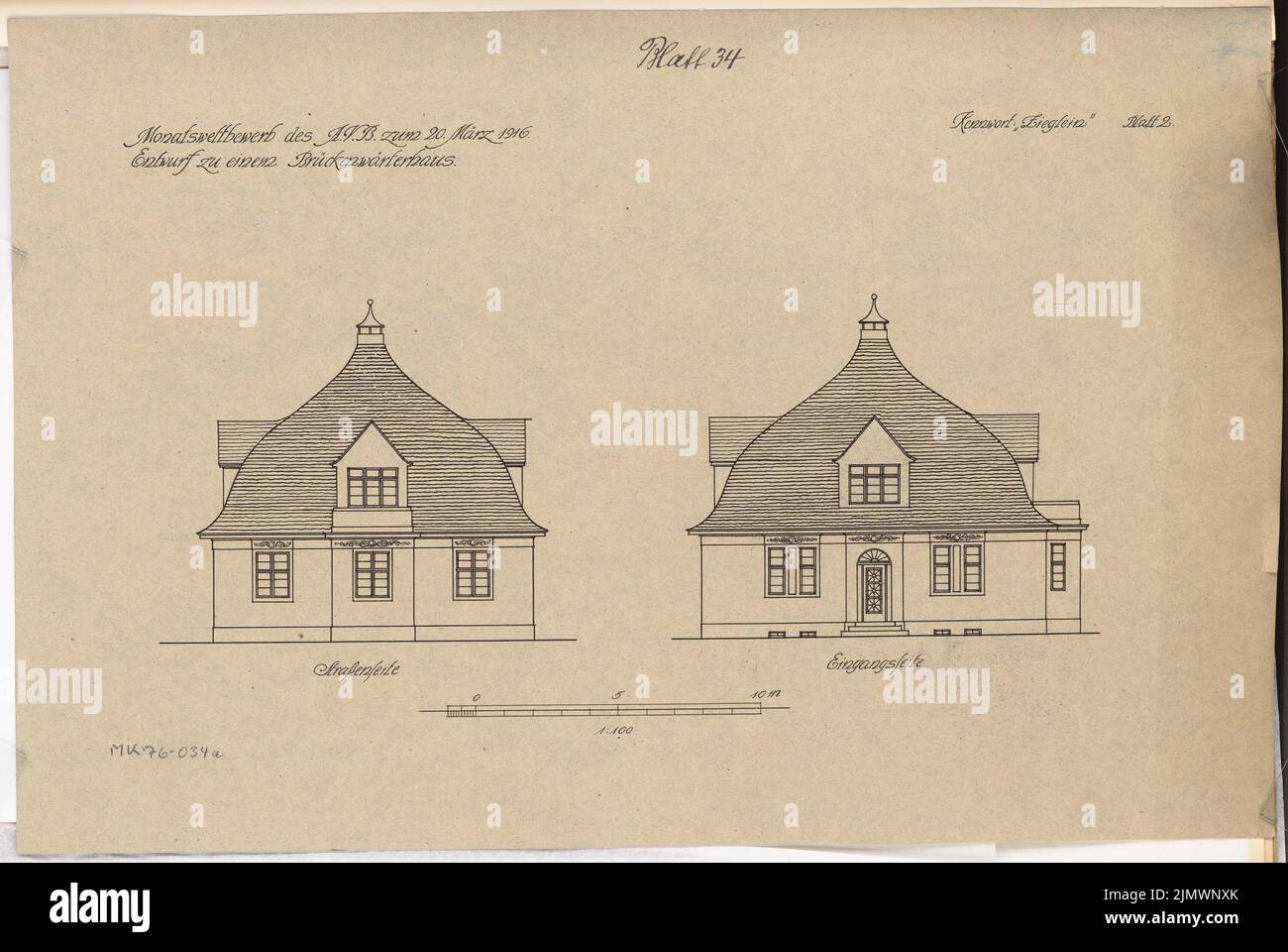 Wentzel Hans Ulrich (1887-1917), bridge keeper house. Monthly competition March 1916 (03.1916): Upper view of the bridge, to Uferstrasse, cross section 1: 100; Scale bar. Ink on cardboard, 30.2 x 45.2 cm (including scan edges) Wentzel Hans Ulrich  (1887-1917): Brückenwärterhaus. Monatskonkurrenz März 1916 Stock Photo