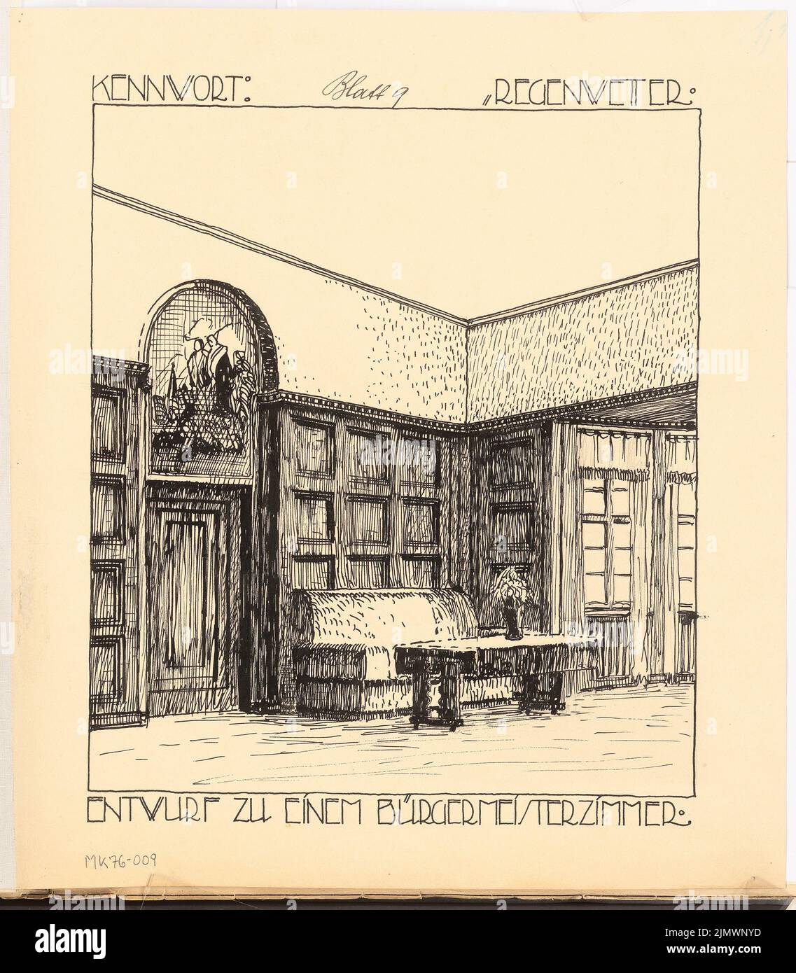 Virck Friedrich Wilhelm (1883-1926), mayor room. Monthly competition November 1915 (11.1915): Perspective view (seating group). Ink on cardboard, 40.6 x 35.5 cm (including scan edges) Virck Friedrich Wilhelm  (1883-1926): Bürgermeisterzimmer. Monatskonkurrenz November 1915 Stock Photo