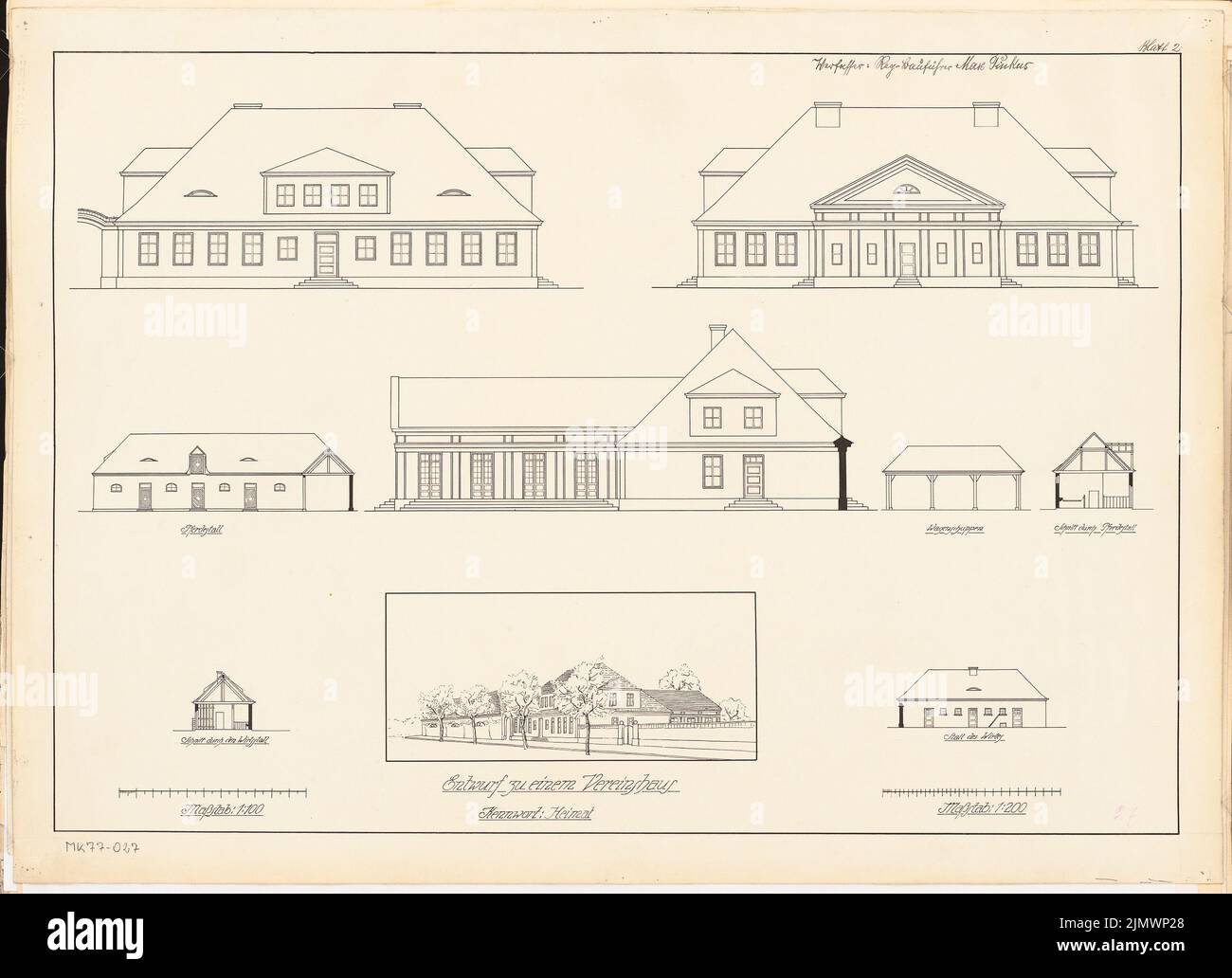 Pinkus Max (born 1891), club house. Monthly competition December 1920 (12.1920): Riss front view, rear view, page view 1: 100; Upper Court View of the horse stable, coache and host stable, cross -section of the horse stable and W. Tusche on cardboard, 51.9 x 71.6 cm (including scan edges) Pinkus Max  (geb. 1891): Vereinshaus. Monatskonkurrenz Dezember 1920 Stock Photo