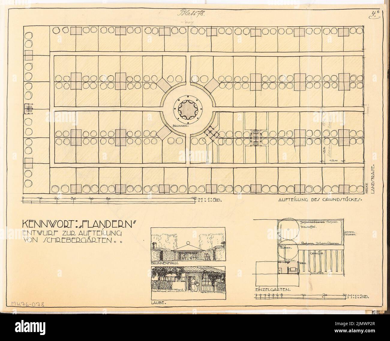 Virck Friedrich Wilhelm (1883-1926), allotment garden colony. Monthly competition October 1918 (10.1918): site plan 1: 500; Garden plan 1: 200; Sketches Laube and Brunnenhaus; 2 scale strips. Ink on transparent, supplemented with pencil, 37 x 46 cm (including scan edges) Virck Friedrich Wilhelm  (1883-1926): Schrebergartenkolonie. Monatskonkurrenz Oktober 1918 Stock Photo