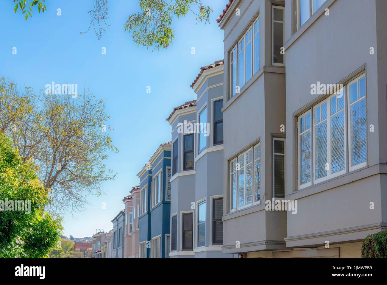 Row of townhouses on the right with bay windows against the clear sky in San Francisco, California. There are trees on the left across the townhouses Stock Photo