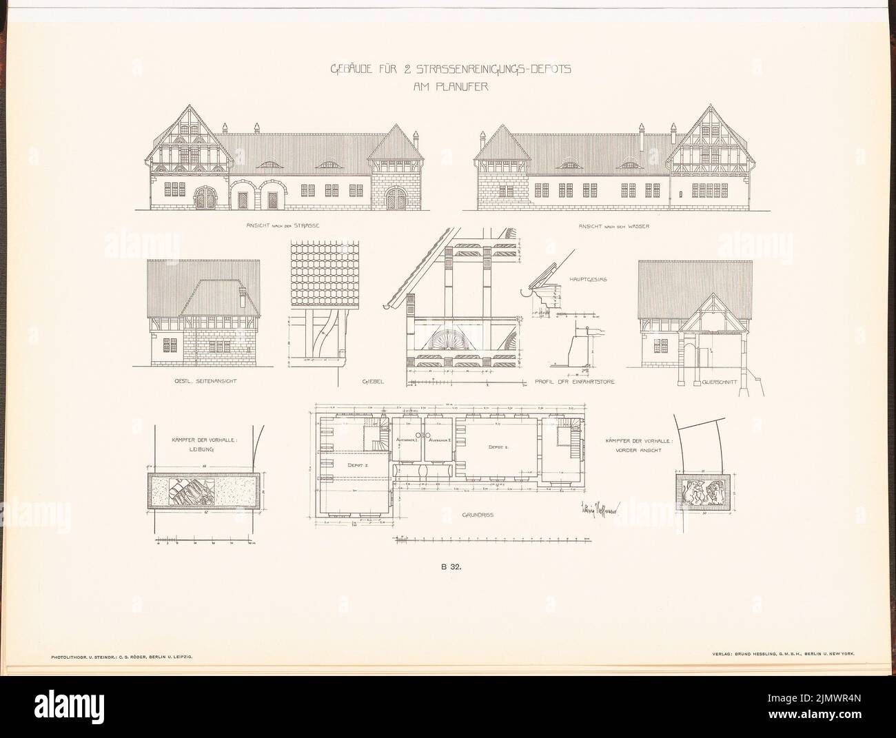 Hoffmann Ludwig (1852-1932), (not yet recorded) (1904): Not yet recorded (L.H., new buildings of the city of Berlin, Vol. III). Pressure on paper, 39.1 x 51.8 cm (including scan edges) Hoffmann Ludwig  (1852-1932): Straßenreinigungsgebäude am Planufer, Berlin. (Aus: Neubauten der Stadt Berlin, Bd. III, 1904) Stock Photo