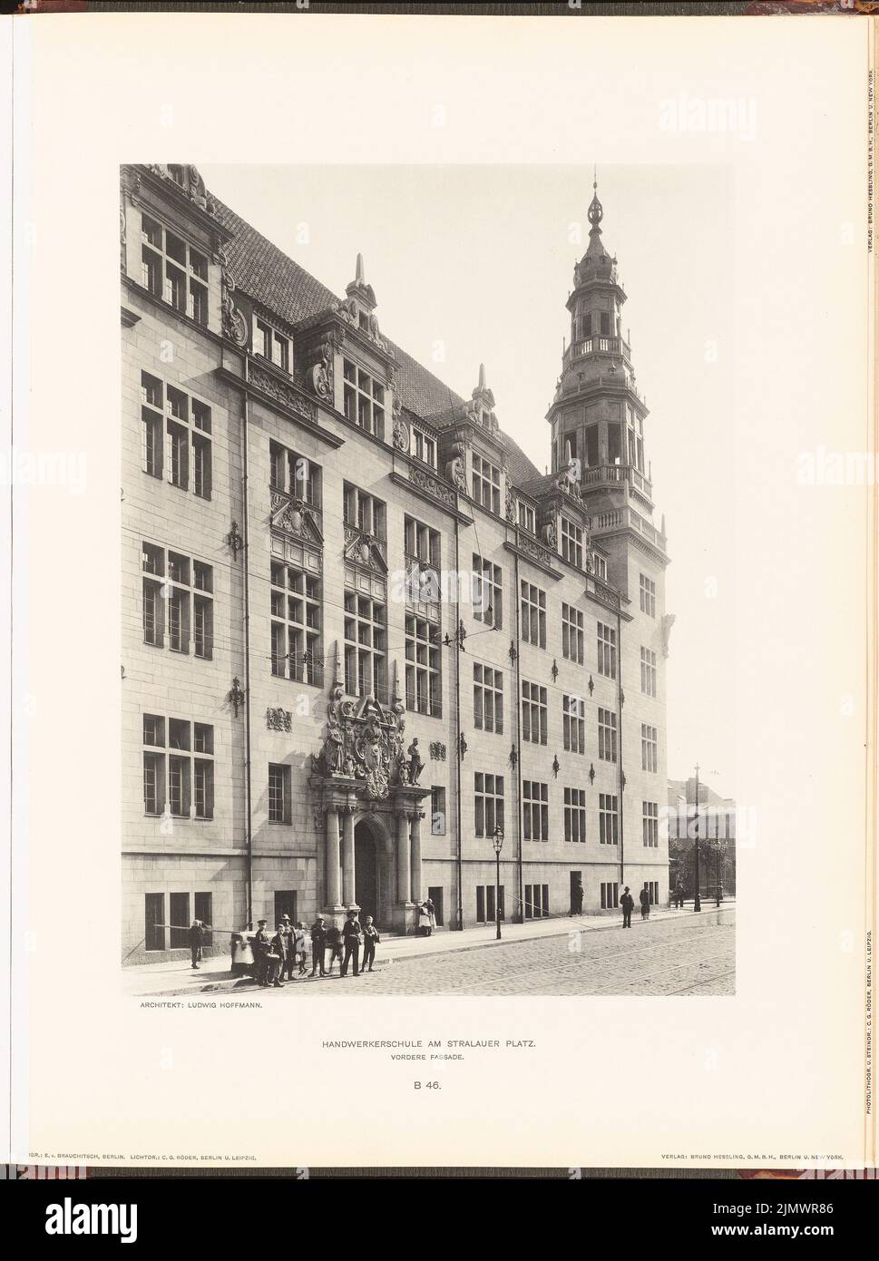 Hoffmann Ludwig (1852-1932), (not yet recorded) (1904): Not yet recorded (L.H., new buildings of the city of Berlin, Vol. III). Print on paper, 52.3 x 39 cm (including scan edges) Hoffmann Ludwig  (1852-1932): Handwerkerschule am Stralauer Platz, Berlin. (Aus: Neubauten der Stadt Berlin, Bd. III, 1904) Stock Photo