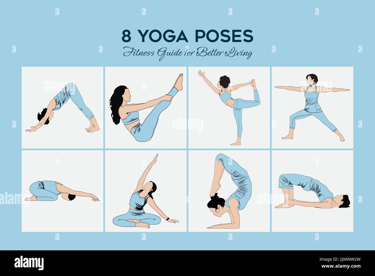 Eight simple yoga exercises to stay healthy vector cartoon illustration Stock Vector