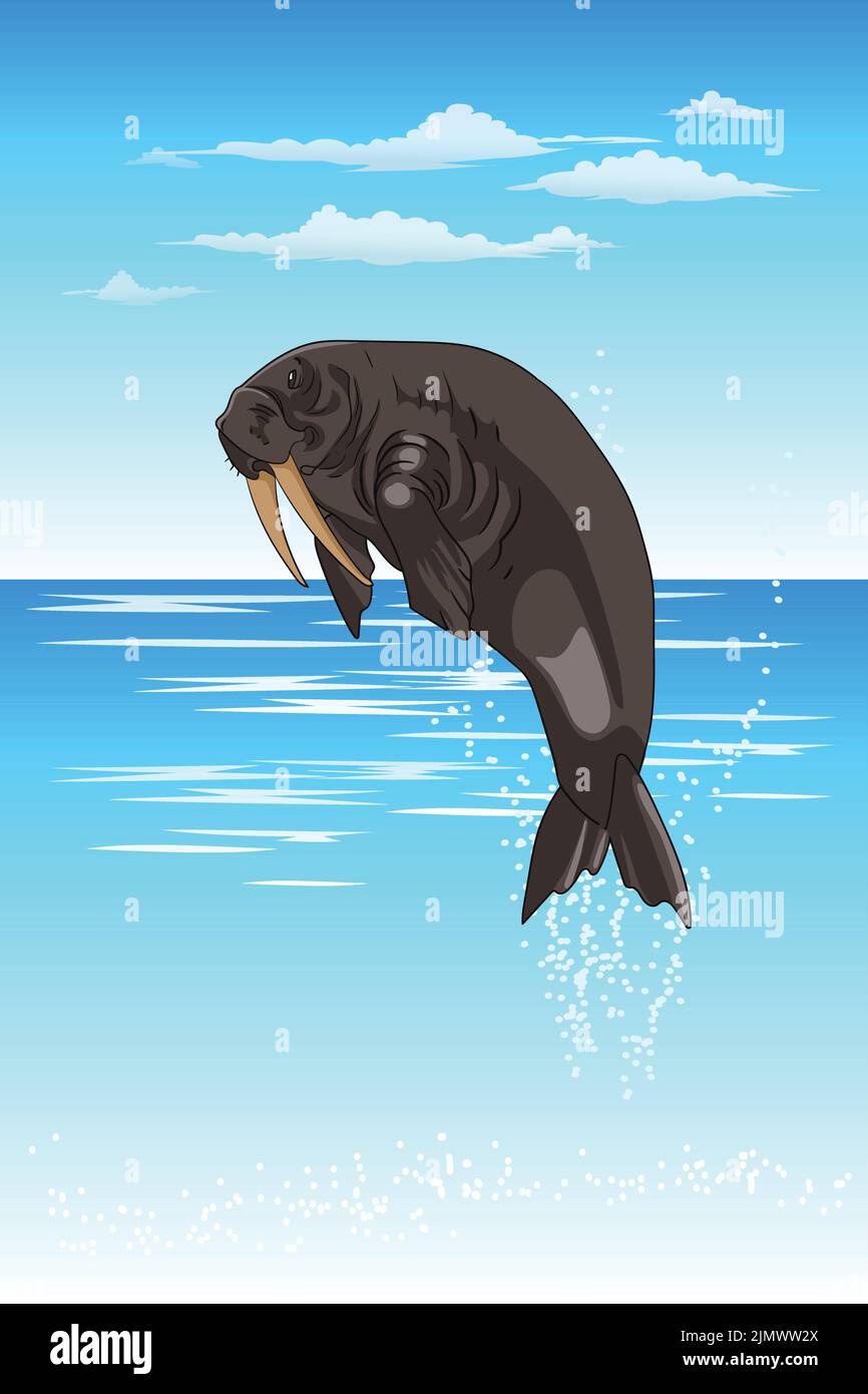 walrus dance in arctic sea vector cartoon illustration Stock Vector