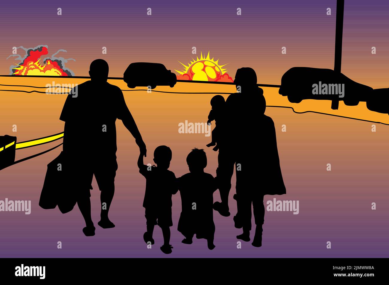 In war situations, families leave home and country concept illustration Stock Vector